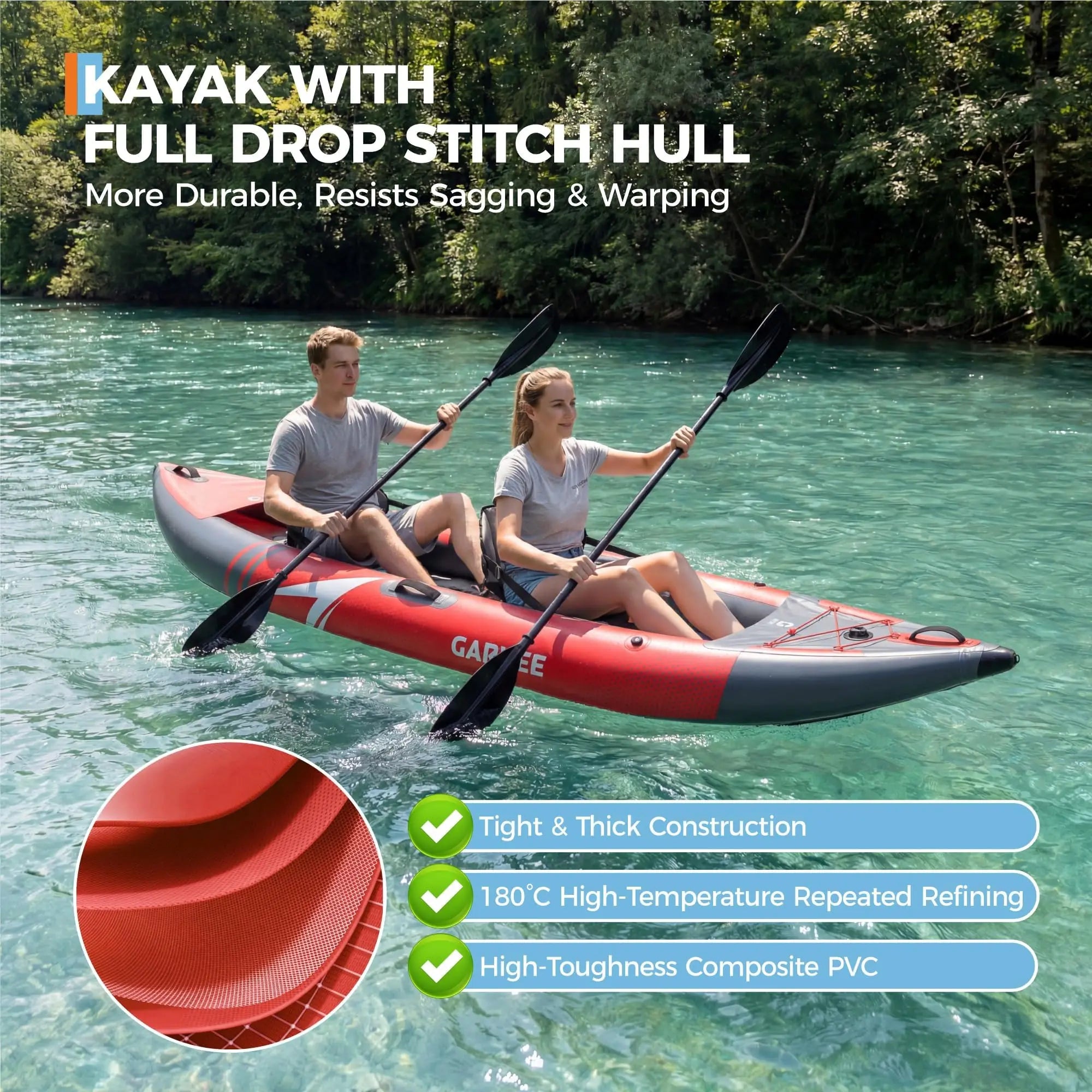 12.5FT 2 Person Inflatable Kayak - Drop Stitch Floor Touring & Fishing