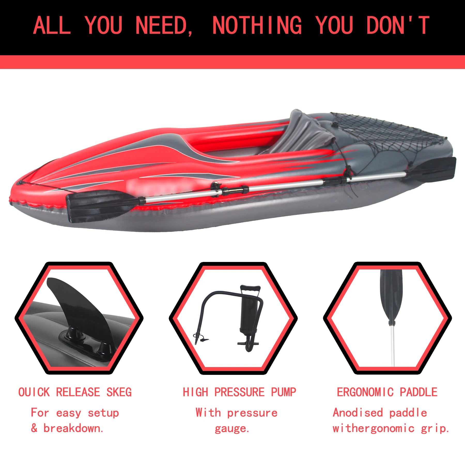 1-Person Inflatable Fishing Kayak - Durable Red Canoe for Lakes