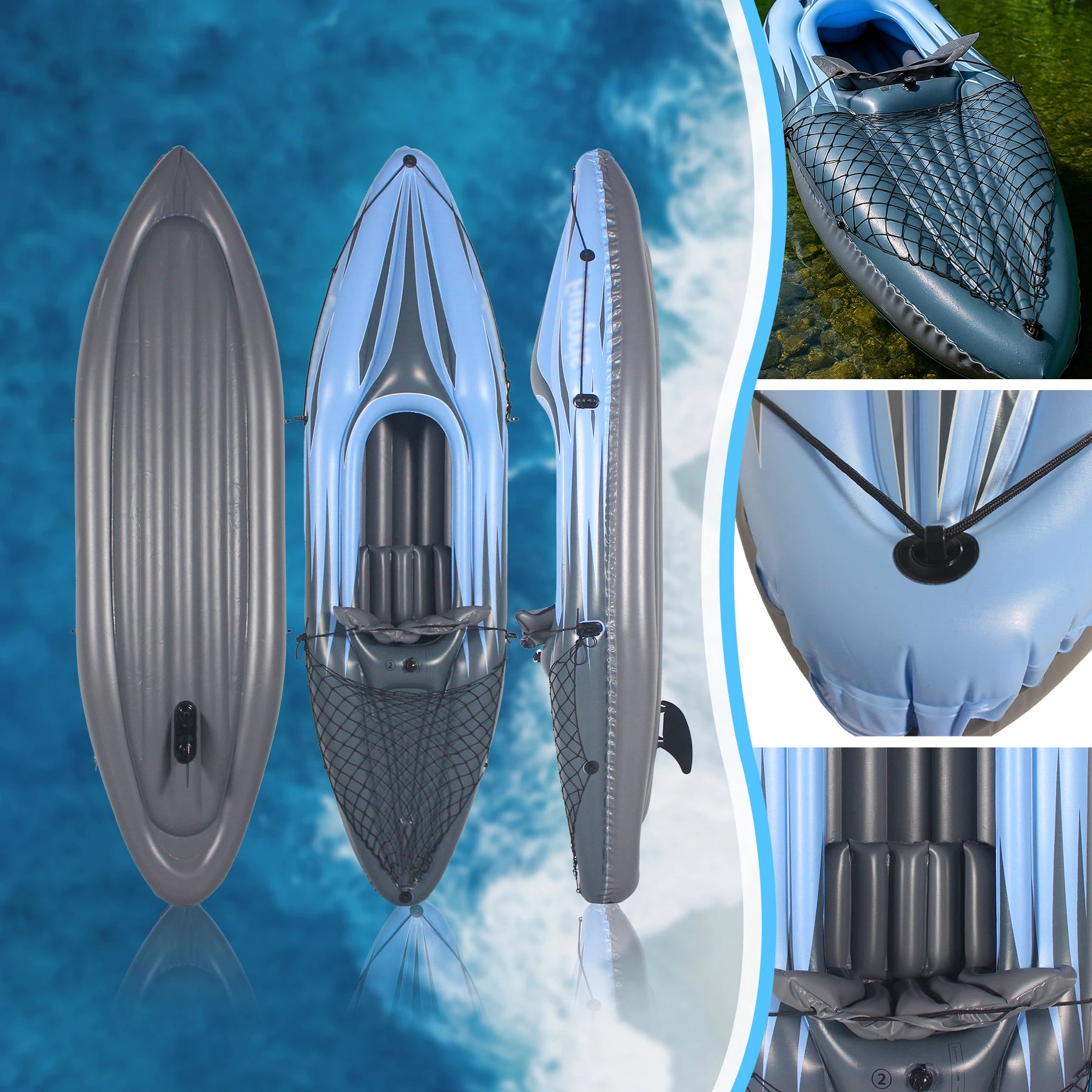 1-Person Inflatable Kayak Fishing Boat - Blue PVC Canoe for Lakes