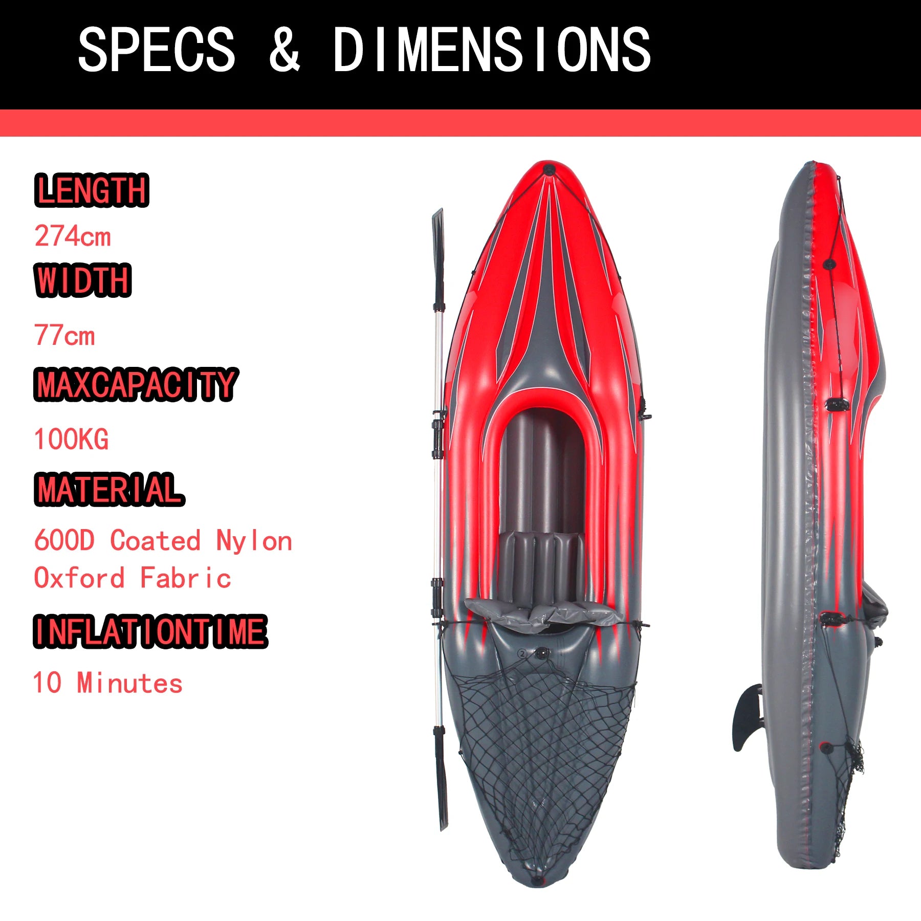 1-Person Inflatable Fishing Kayak - Durable Red Canoe for Lakes