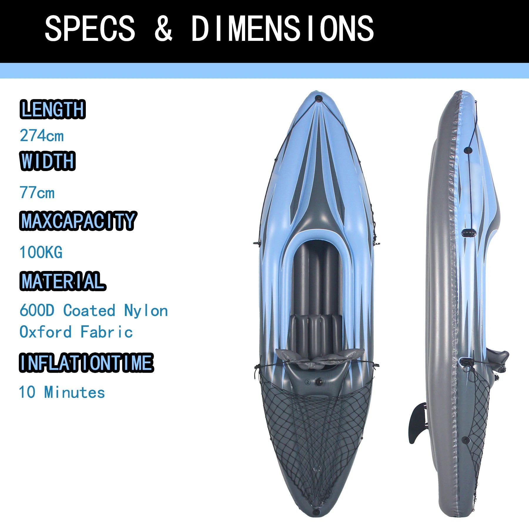 1-Person Inflatable Kayak Fishing Boat - Blue PVC Canoe for Lakes