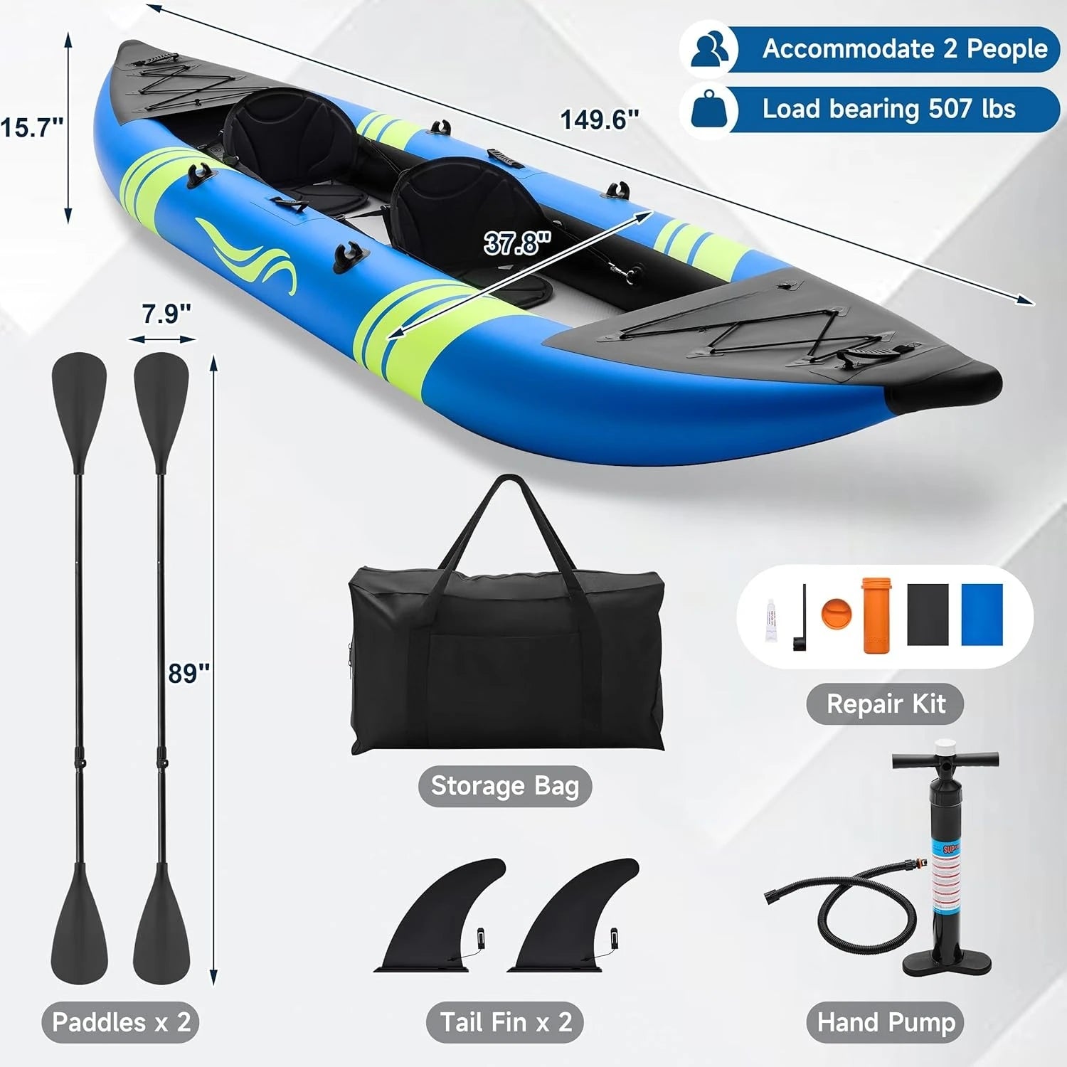 12.5ft Inflatable 2 Person Fishing Kayak - Portable Tandem Touring