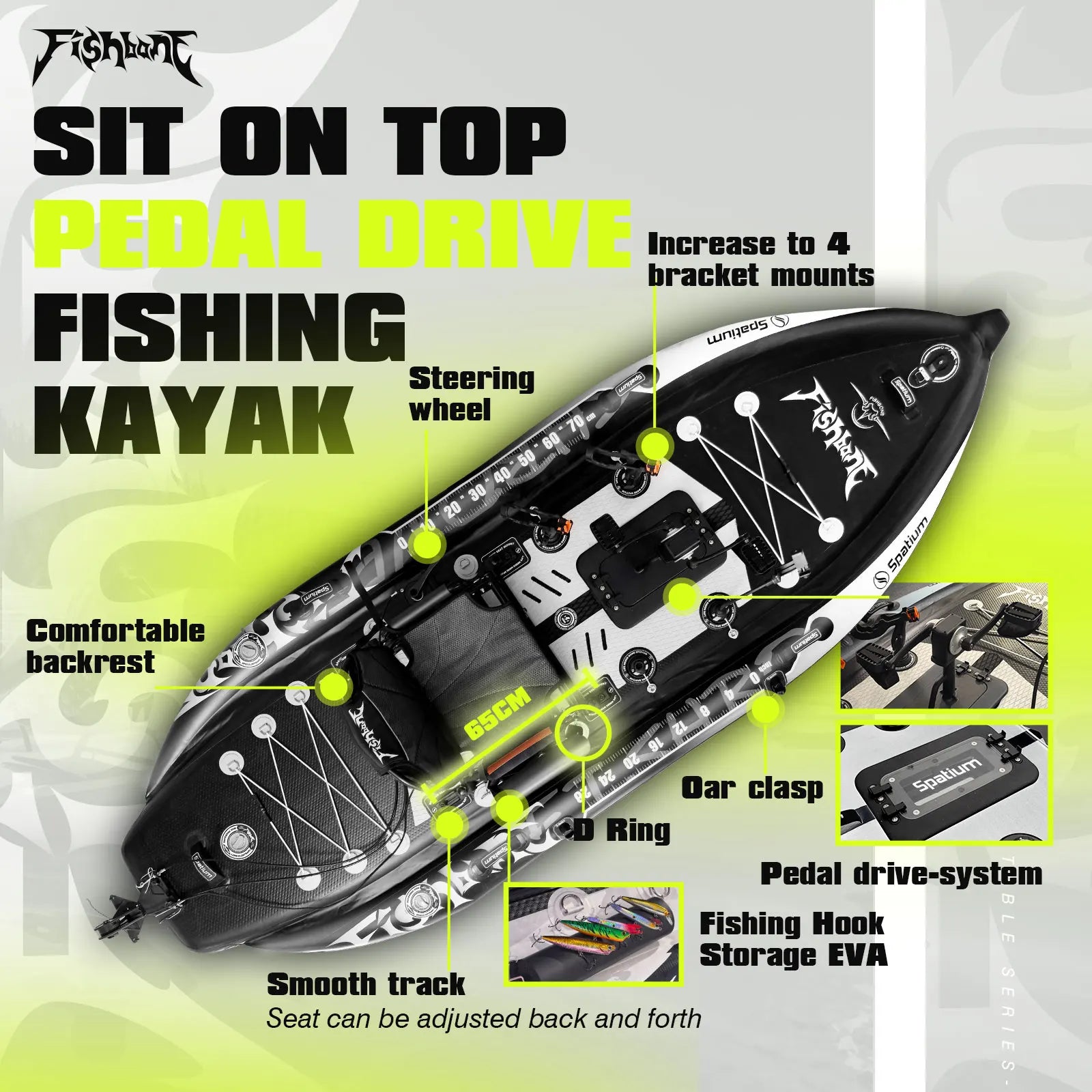 11ft Pedal Power Fishing Kayak - 660lb Capacity