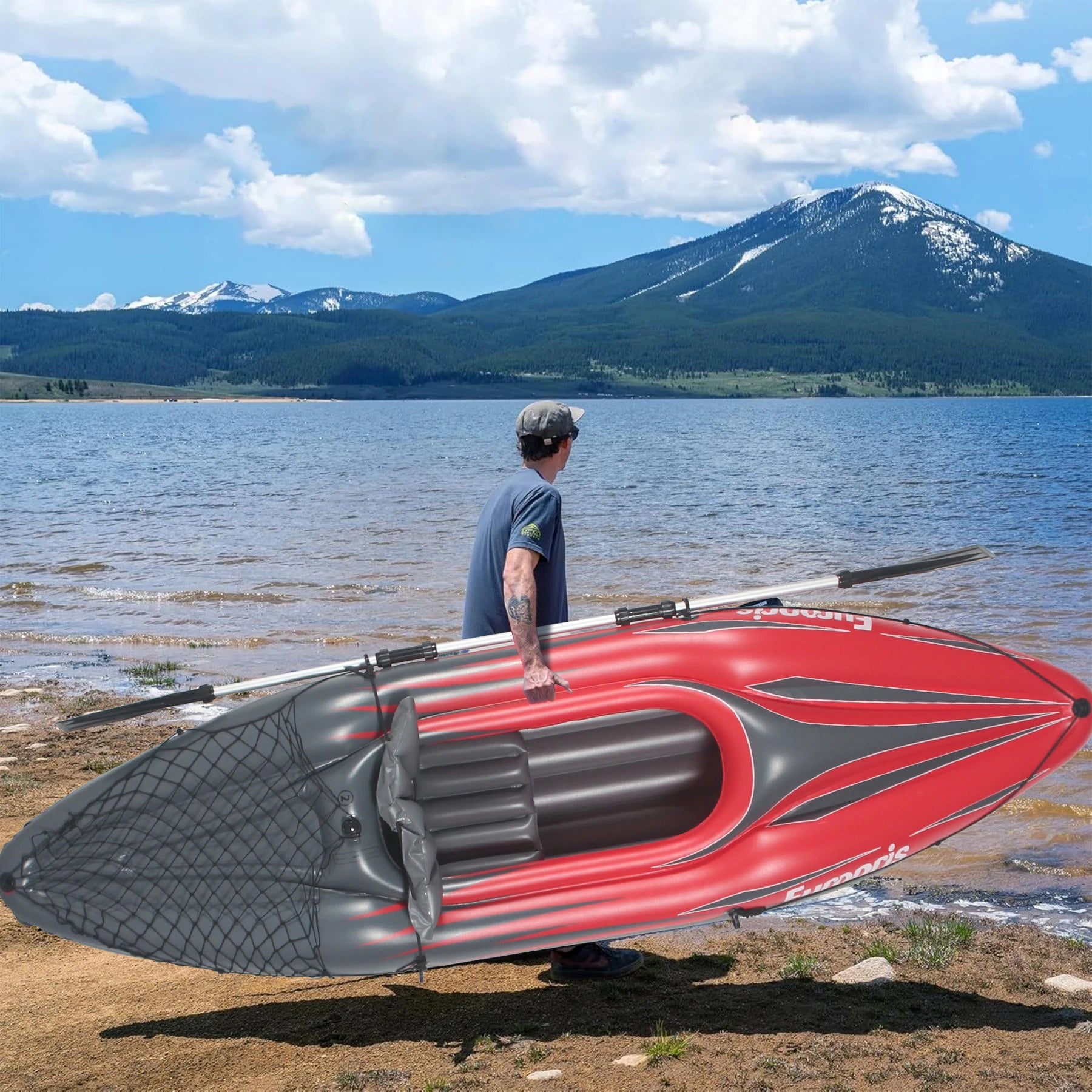 1-Person Inflatable Fishing Kayak - Durable Red Canoe for Lakes