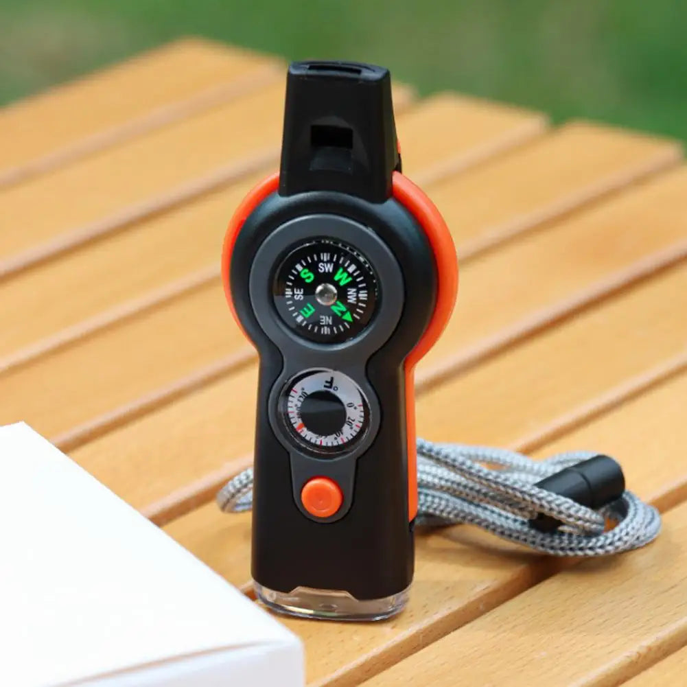 7-in-1 Outdoor Survival Whistle with LED & Compass for Hiking
