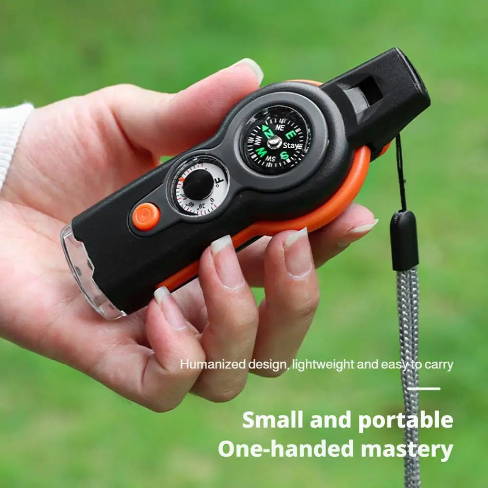 7-in-1 Outdoor Survival Whistle with LED & Compass for Hiking