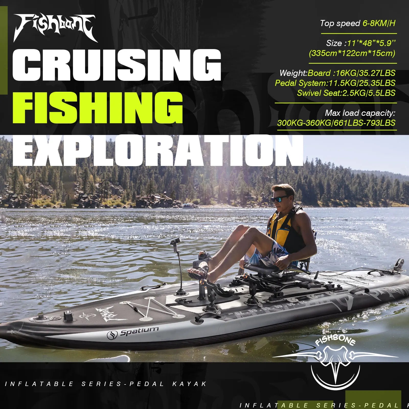 11ft Pedal Power Fishing Kayak - 660lb Capacity