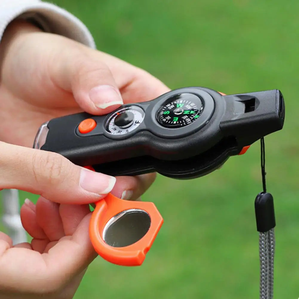 7-in-1 Outdoor Survival Whistle with LED & Compass for Hiking