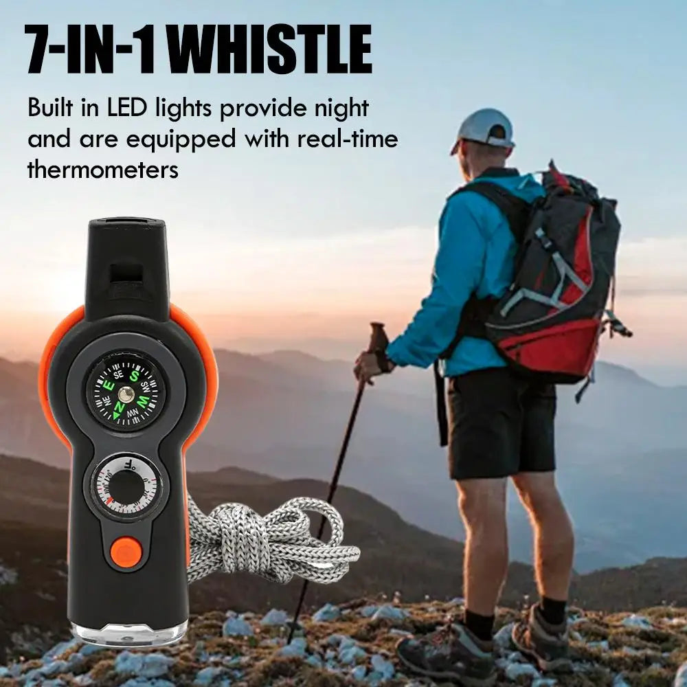 7-in-1 Outdoor Survival Whistle with LED & Compass for Hiking